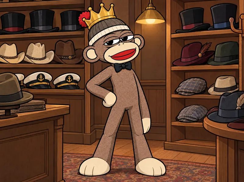 Luno trying on a crown in a hat shop